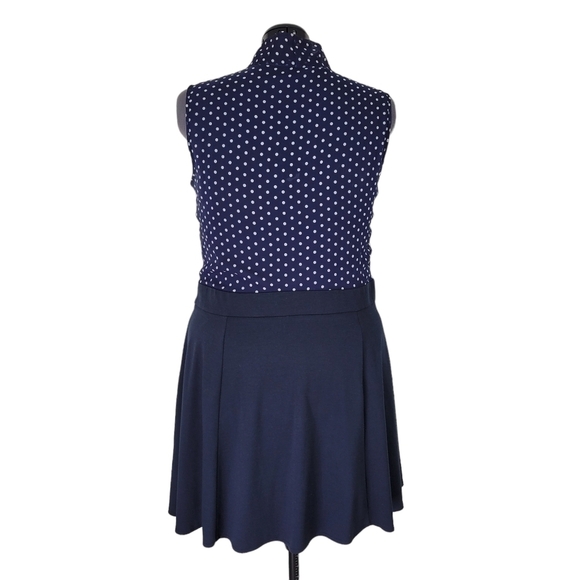 ASOS Fit N Flare Dress Size 16 Navy White Polka Dot Attached Tie Sleeveless Zip - Picture 3 of 8